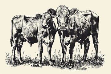 A black and white illustration of two cows standing in a field of tall grass. Generative AI