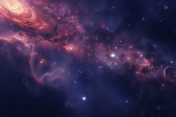 Aufkleber - A digital painting of a distant galaxy with pink nebulae, glowing stars, and a faint planet in the background. Generative AI