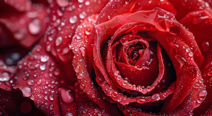 Wall Mural - Close-Up of Dew-Covered Red Rose Petal With Blurred Bokeh Background