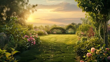 Poster - A stunning image of a green garden with pink flowers blooming. The sun is setting in the distance, casting a warm glow over the scene. Generative AI