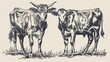 © Anat art - A black and white illustration of two cows standing side by side in a field of grass. Generative AI