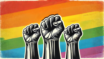 Three drawn fists against a rainbow background fighting for gay rights