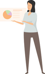Poster - Businesswoman is standing and presenting data analysis using a pie chart illustration