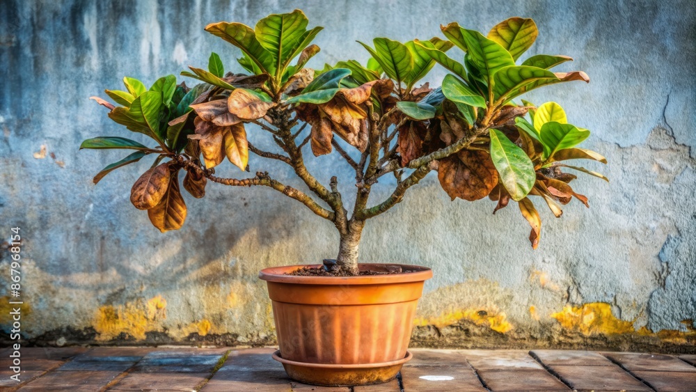 Neglected, potted Ficus Lirata tree stands alone, its once-lush green ...