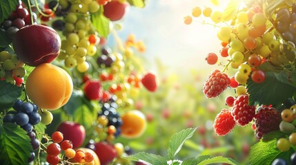 Leinwandbilder - A close-up view of a summer fruit orchard, showcasing a variety of ripe fruits, including plums, apricots, grapes, and raspberries, against a bright sunny background. Generative AI