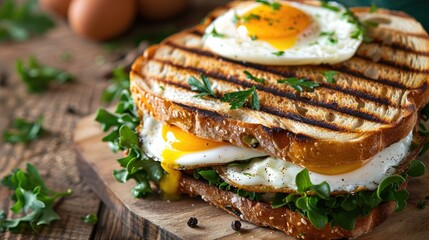 Wall Mural - Panini sandwich with cheese eggs greens and veggies Vegetarian meal idea with rustic presentation