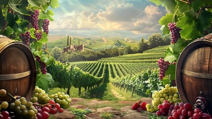 Poster - A scenic view of a vineyard with wooden barrels, ripe grapes, and a distant farmhouse. Generative AI