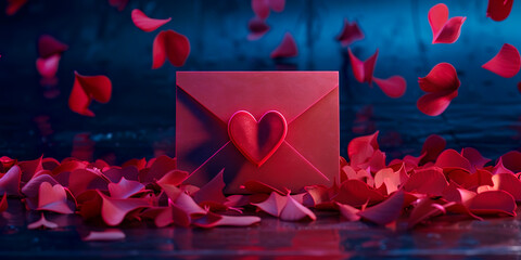 A red envelope with a heart on it is surrounded by red petals.