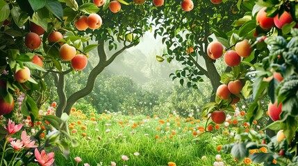 Poster - A view of apple trees laden with ripe fruit in a lush meadow, bathed in warm sunlight. Colorful wildflowers bloom in the foreground. Generative AI