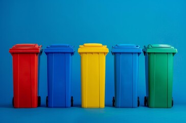 Colorful recycling bins against vibrant blue background