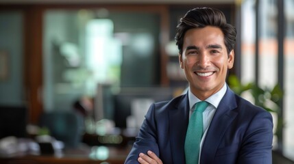 Wall Mural - Smiling elegant confident young professional Latino Hispanic business man , male proud leader, smart Latin businessman lawyer or company manager executive looking at camera standing in office. 