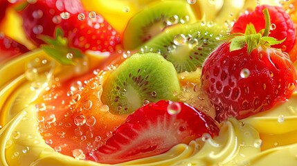 Poster - A close-up photo of a creamy dessert topped with fresh fruit slices like kiwi, strawberries, and oranges. Water droplets on the fruit add a refreshing touch. Generative AI