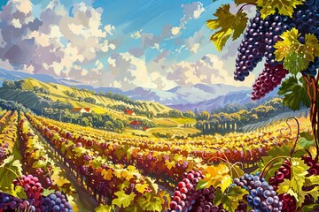 Poster - A lush vineyard stretches across the hillside under a bright blue sky with puffy clouds. Rows of grapevines laden with ripe fruit lead the eye towards distant mountains. Generative AI