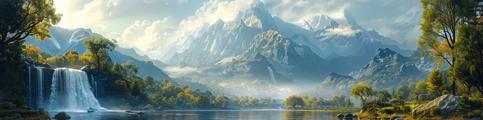 Wall Mural - A majestic landscape with mountains, lake and waterfall. 