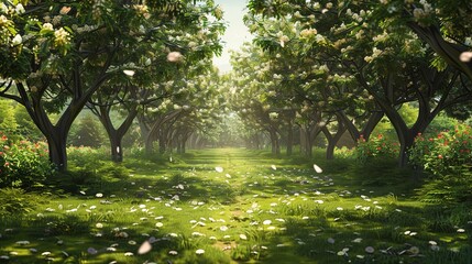 Poster - A path winds through a forest of trees in full bloom, with white petals raining down on the lush green grass. The sun shines through the canopy, creating a magical atmosphere. Generative AI