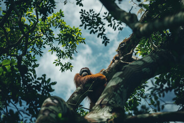 Orangutan in Woodland Habitat with Abundant Copy Space for Documentary Images