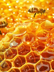 Poster - Close-up of a honeycomb with golden honey and bees. Generative AI