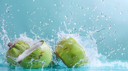 fresh coconut with water splash background