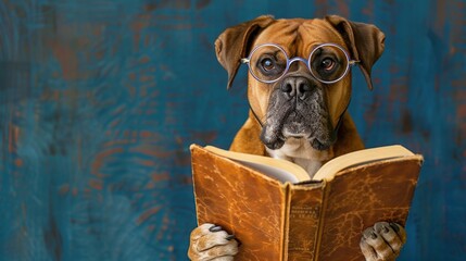 Canvas Print - A Boxer Dog Wearing Glasses Reads a Book