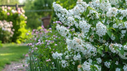 Sticker - Blooming Deutzia Plants in Garden Landscape