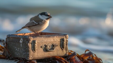 Wall Mural - A Bird on a Suitcase by the Sea