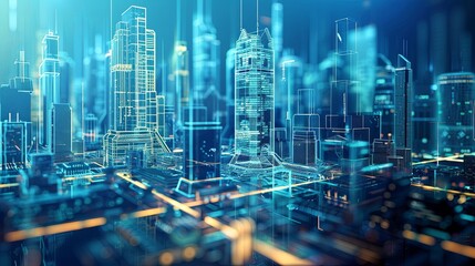 Aufkleber - Futuristic city rendering with lit skyscrapers and intricate infrastructure, showcasing urban tech in a visually stunning way. Generative AI