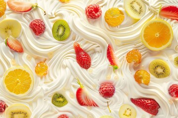Poster - A close-up view of whipped cream with a variety of fresh fruit, including kiwi, strawberries, raspberries, and oranges. Generative AI
