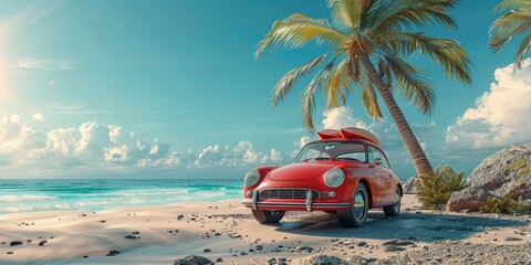 Vintage car on a tropical beach, summer holiday background