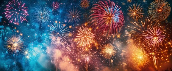 Wall Mural - Banner With Colorful, Vibrant Fireworks Celebrating The Anniversary And Happy New Year 2025 Or The 4Th Of July Holiday