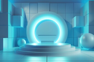 Wall Mural - Futuristic blue podium stage with neon circle light for product placement in abstract background. Concept of technology, innovation, and digital world