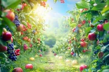 Poster - A vibrant summer orchard with ripe red apples, juicy grapes, and assorted berries. Generative AI