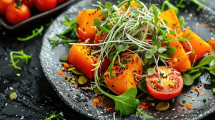 Canvas Print - Vegetarian salad with tomatoes pumpkin and pea sprouts on black background