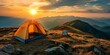 © Olga - Orange tourist tent on the background of a mountain sunset landscape. Local travel, tourism, adventure and active lifestyle  concept. Camping, campsite, tourism hiking . Horizontal banner, copy space