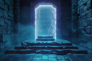 Glowing neon portal in ancient stone temple, glowing blue frame with mystical light, concept of time travel, fantasy, magic, adventure, and the unknown