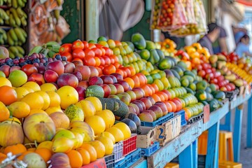 Poster - A vibrant display of fresh fruit and vegetables arranged in rows at an outdoor market. Generative AI