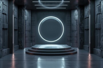 Wall Mural - Futuristic Sci-Fi Stage with Neon Circle, Podium, and Concrete Background, Ideal for Product Display