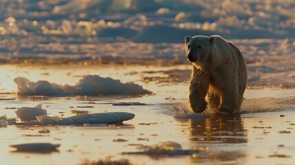 Sticker - Polar Bear Walking Through Melting Ice at Sunset