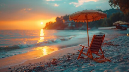 Wall Mural - Beach Chair and Umbrella at Sunset