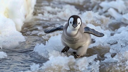 Poster - Curious Penguin Chick Waddles Through Icy Waters