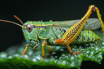 Wall Mural - Vibrant Green Grasshopper on Dew-Covered Leaf