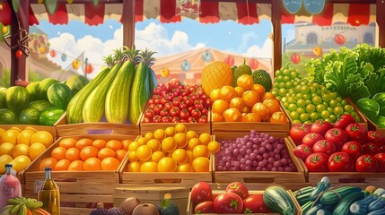 Aufkleber - A colorful fruit and vegetable stall at a lively outdoor market, featuring a variety of fresh produce. Generative AI