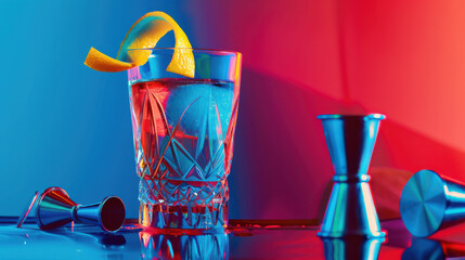 Wall Mural - a cocktail in a crystal glass, garnished with a twisted lemon peel, and a stainless steel jigger beside it