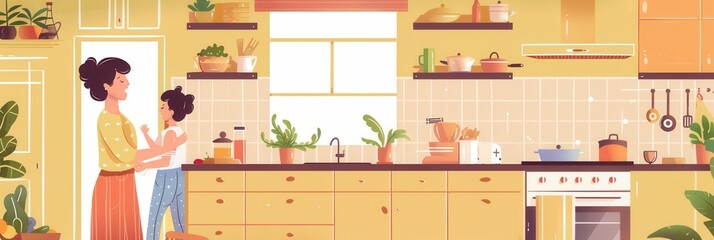 Poster - A mother and her child are enjoying a day in the kitchen, creating a fun and engaging atmosphere. Generative AI
