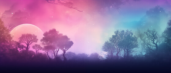 Poster - Twilight Forest with Full Moon and Vibrant Colors