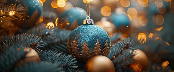 Wall Mural - Blue And Golden Glittering Baubles As Xmas Ornament Balls Decorated On A Christmas Tree