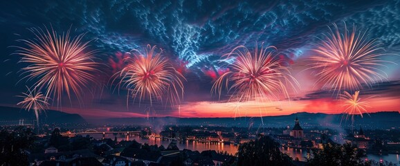 Wall Mural - Big Fireworks Over The City Of Herisau In Switzerland On National Holiday, August