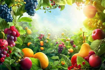 Poster - A vibrant image of a summer orchard bursting with ripe fruits and berries, including grapes, raspberries, cherries, apples, and oranges. Generative AI