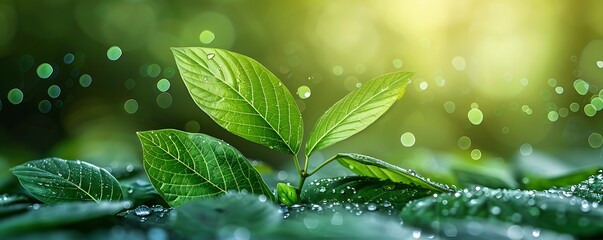 Aufkleber - Green Leaves with Dew Drops in a Natural Setting