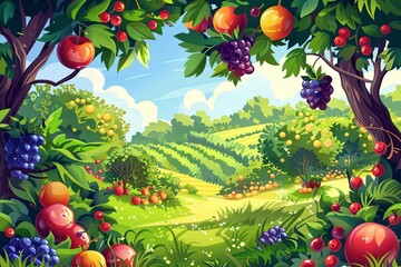 Poster - A vibrant illustration of a summer orchard with green trees, lush grass, and a variety of ripe fruit, including grapes, cherries, apples, and oranges. Generative AI