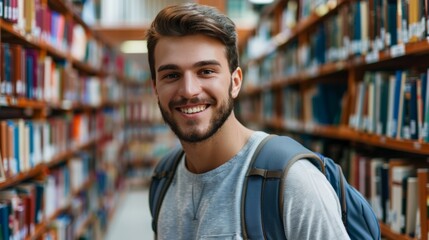 Wall Mural - Handsome Smile student man with backpack and books in library, education, university, cheerful, college, happy, standing, school, backpack, attractive, enjoyment, confidence